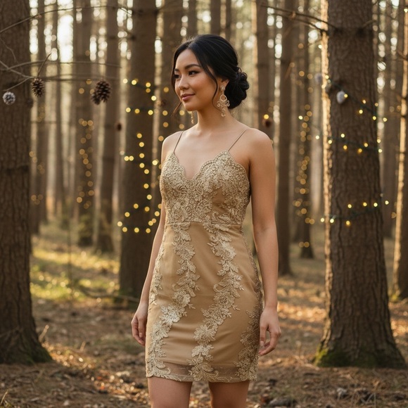 Gold & camel embroidered mini dress - Picture 1 of 7
